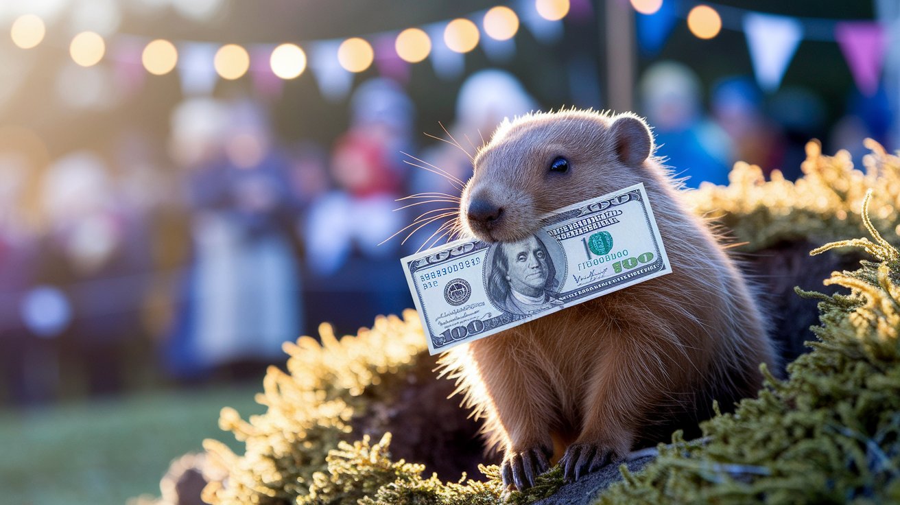Groundhog holding a $100 bill in his mouth